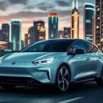 Vorne elektrischer Auto mit futuristischem Design in einer modernen Stadtlandschaft für Elektroautos.