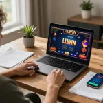 Engaging in LLWIN Function online gaming with vibrant graphics and strategy notes in a cozy home.