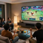 Watch exciting dagatructiepp live chicken fights on a big screen in a cozy living room.