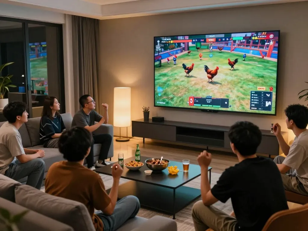 Watch exciting dagatructiepp live chicken fights on a big screen in a cozy living room.