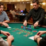 Players strategizing in a thrilling blackjack game at a casino, showcasing sunwin's action.