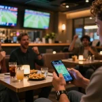 Person placing bets on sin88 while watching live sports at an upscale bar with friends.