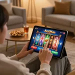 Player enjoying Ace96au slot games on tablet in a cozy living room setting.