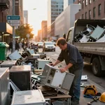 Engagierter Schrotthändler inspiziert Schrottmetall in einer städtischen Umgebung und hebt Recyclingpraktiken sowie Nachhaltigkeit hervor.