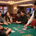 Players at a blackjack table strategizing their bets in an upscale casino, embodying the excitement of mb668 gaming.