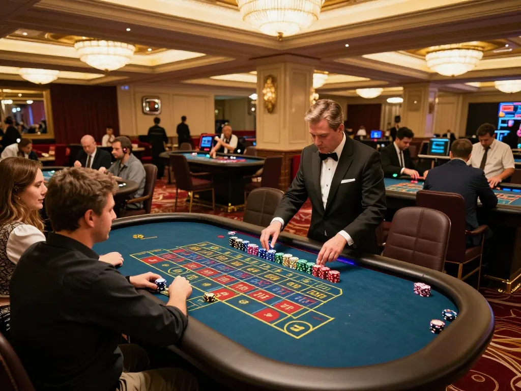 Fesselnde Szene von Spielern an einem Roulettetisch in einem Luxus-Casino, die die Aufregung und Strategie der Immobilienmakler Frankfurt Sachsenhausen zeigt.