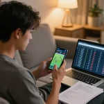 Checking live soccer scores and betting odds on smartphone while managing kết quả bóng đá betting strategy at home