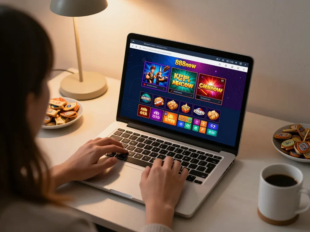 Engaging gameplay on 888now platform during a cozy home session with laptop and snacks