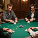 Intensely focused players at an upscale private poker table, showcasing 98win9's casino atmosphere.