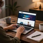 I9BET user engaging intensely with online casino and poker games, showcasing a cozy gaming atmosphere.