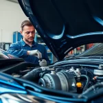 Motorschaden Ankauf - Mechanic inspecting a damaged engine in a workshop.