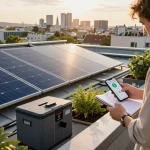Person bewertet Solarpanels in Wien und zeigt die Vorteile von Photovoltaik Wien in der nachhaltigen Energie.