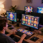 Player celebrating a win on open88 slot machine in a cozy online gaming setup, showcasing excitement and strategy.
