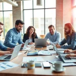 Online Marketing Teamworks in a bright office, emphasizing collaboration and strategy creation.