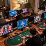 Engaged players enjoying ssbet77 online casino games on multiple screens, showcasing a lively gaming atmosphere.