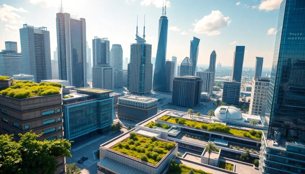 Digitale Zukunft mit futuristischer Stadtlandschaft, die Technologien und Nachhaltigkeit vereint.