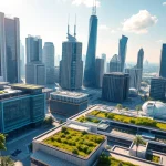 Digitale Zukunft mit futuristischer Stadtlandschaft, die Technologien und Nachhaltigkeit vereint.