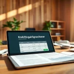 Kreditvergleichsrechner in einem modernen Büro mit finanziellen Unterlagen und einem Laptop