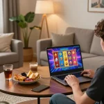 Player enjoying an exciting game nổ hũ on laptop in a cozy home setting, showcasing vibrant gameplay.