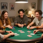Friends enjoying a lively poker night at home while using MK8 for strategy and fun.