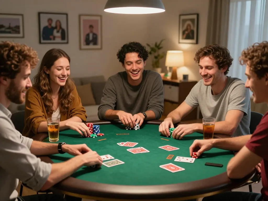 Friends enjoying a lively poker night at home while using MK8 for strategy and fun.