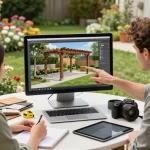 Professioneller nutzt Software für Pergola-Installateure, um maßgeschneiderte Pergolen in einem sonnigen Garten zu entwerfen.
