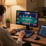 Online gaming session featuring lv 88 interface on a laptop showcasing blackjack strategy.