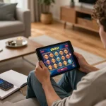 Engaging in the OKBAY online slot game while enjoying a cozy home gaming setup.