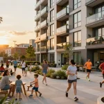 Five88 community scene with residents enjoying the urban lifestyle in a vibrant apartment complex during sunset.