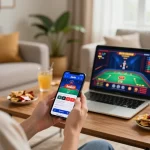 Engaging with the iwin casino app on a smartphone in a cozy gaming setup, illustrating online gambling.