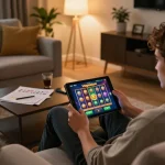 Spielen Sie aufregende Spiele bei Viggoslots auf einem Tablet in einer gemütlichen Heimspielumgebung, die ansprechende Grafiken zeigt.