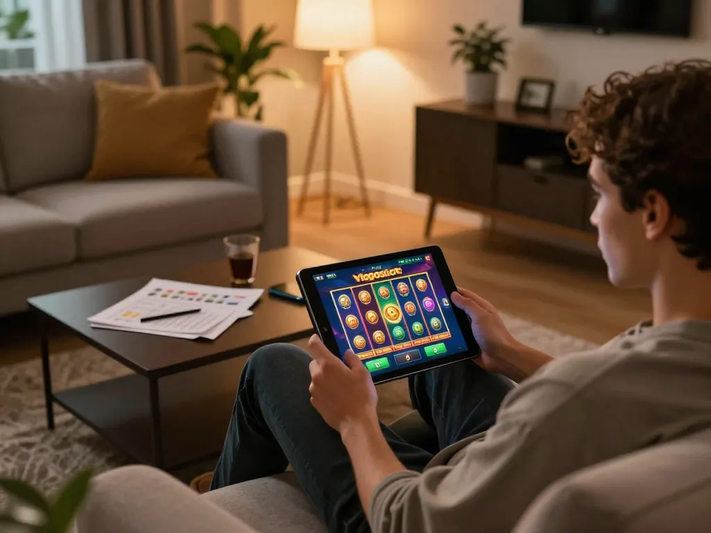 Spielen Sie aufregende Spiele bei Viggoslots auf einem Tablet in einer gemütlichen Heimspielumgebung, die ansprechende Grafiken zeigt.