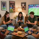 VN88 online gambling scene with friends enjoying sports betting at home, showcasing excitement and fun.