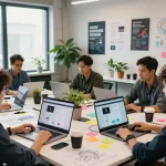 Webanwendung beauftragen in einem kollaborativen Webentwicklungsstudio mit Ingenieuren, die neue Softwarelösungen brainstormen.