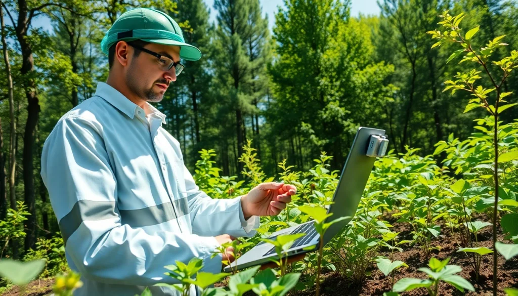 Umweltforschung in action: A researcher analyzing samples in a lush forest environment.