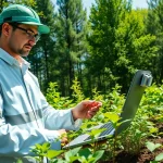 Umweltforschung in action: A researcher analyzing samples in a lush forest environment.
