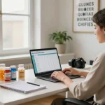 Natura Vitalis Vergütungsplan Übersicht in einem professionellen Homeoffice-Umfeld, mit Gesundheitspräparaten und motivierender Dekoration.