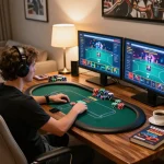 Play poker online with FLY88 from a cozy home gaming setup, showcasing vibrant gameplay.