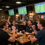 Fans cheering at 78win sports bar while placing bets on live matches