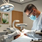 Hair transplant procedure showcasing surgical precision and modern clinic ambiance.