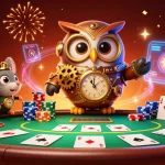 Kwin 68 reveals a vibrant casino scene with a time-traveler owl and poker chips, featuring ace cards and immersive decorations.