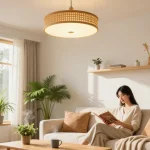 Gemütliche Wohnumgebung mit einer Bambus-Deckenlampe, die eine Leseecke beleuchtet.