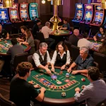 Experience vibrant action at SC88 VN casino floor with engaging players around roulette and poker tables.