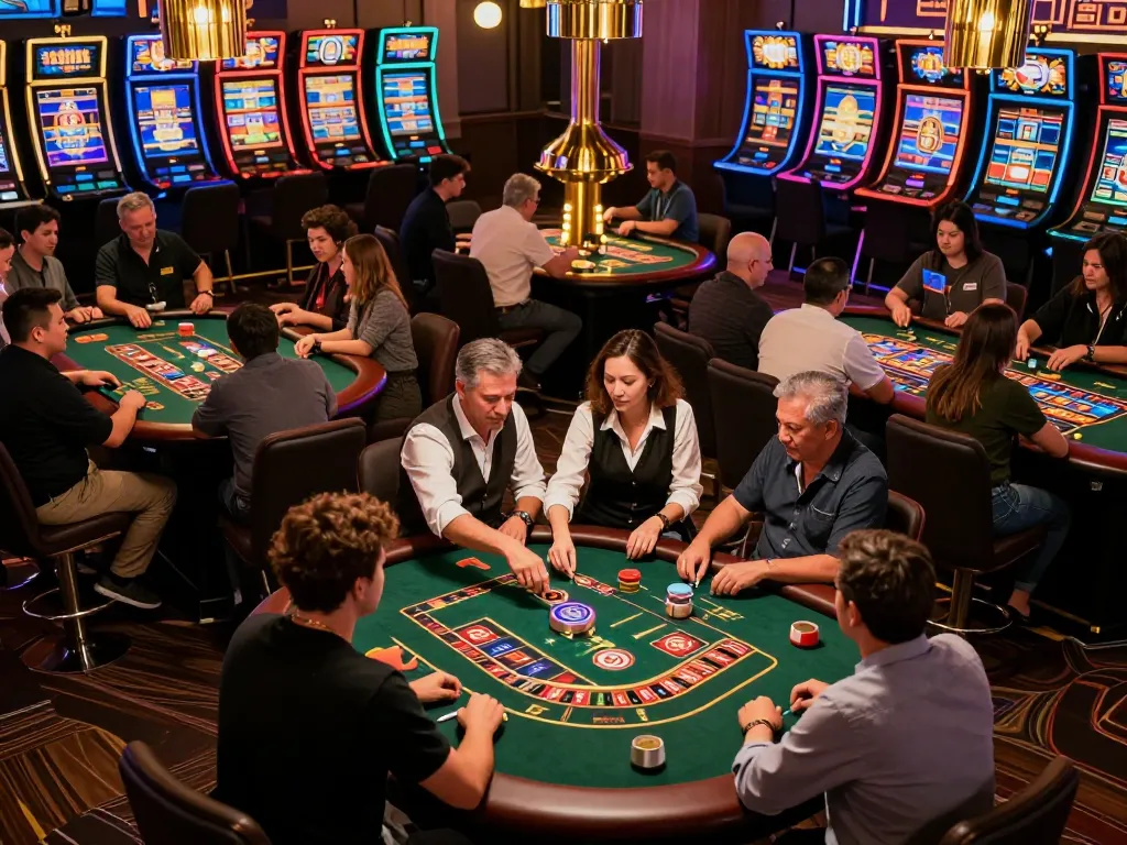 Experience vibrant action at SC88 VN casino floor with engaging players around roulette and poker tables.