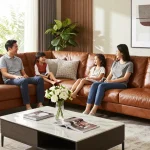 Baxter Ledersofa Preis in einem gemütlichen Wohnzimmer, in dem die Familie quality time genießt.