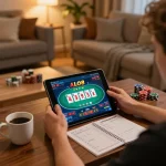 Engaged player enjoying ALO8 poker gameplay on a tablet at home, reflecting responsible gambling.