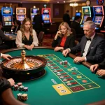 F168N ĐĂNG NHẬP as players engage in strategic gameplay at a roulette table, showcasing casino excitement.