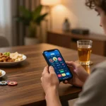 Engaging player using the RR88 app on smartphone, enjoying a cozy home gaming experience.