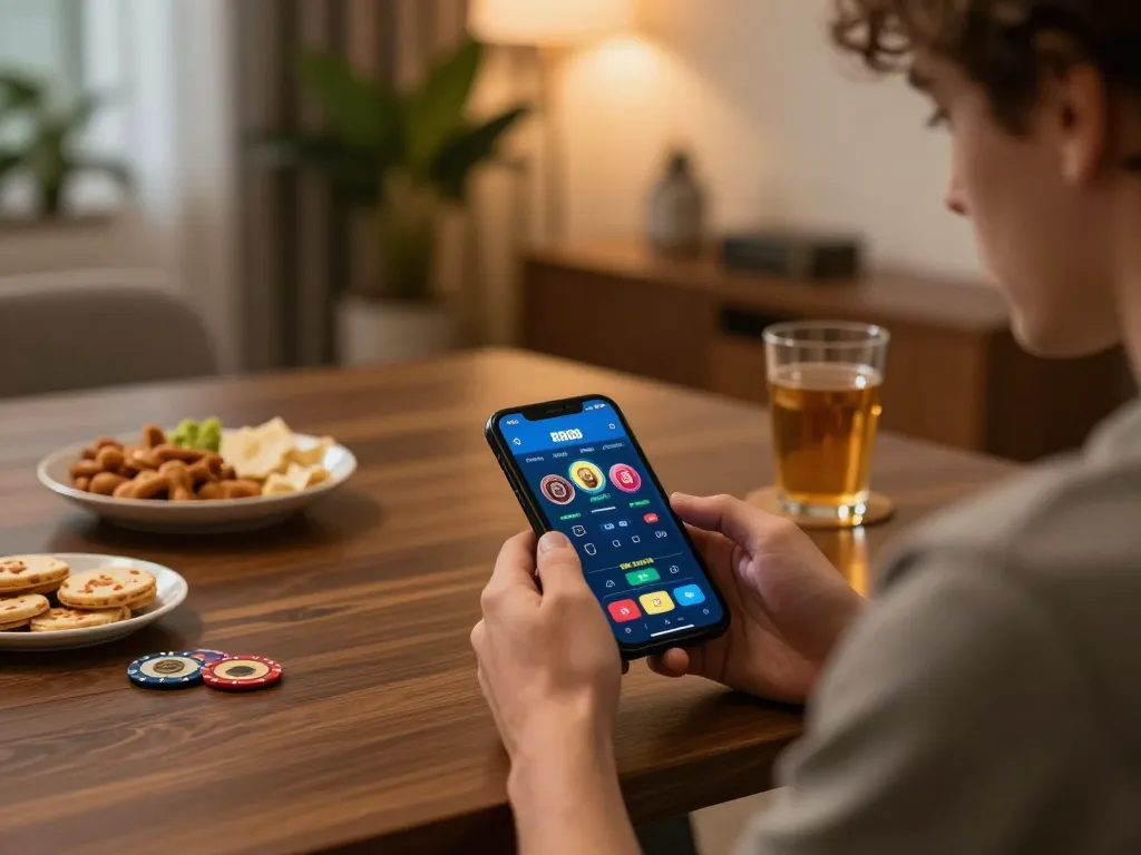 Engaging player using the RR88 app on smartphone, enjoying a cozy home gaming experience.
