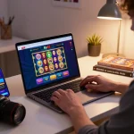 Player engaging with fly88 online casino games on a laptop, showcasing an immersive gaming environment